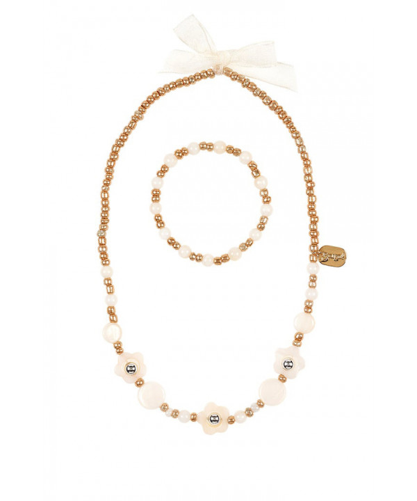 COLLIER + BRACELET ALEXA - FLEURS - BLANC CASSÉ - OR (N)