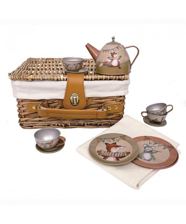 SET DE THE EN METAL MUSICIENS DANS VALISE EN OSIER