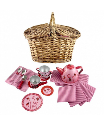 SET DE THE EN METAL COCCINELLE DANS PANIER EN OSIER