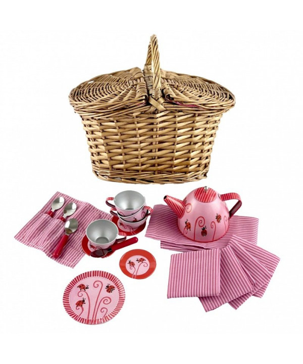 SET DE THE EN METAL COCCINELLE DANS PANIER EN OSIER