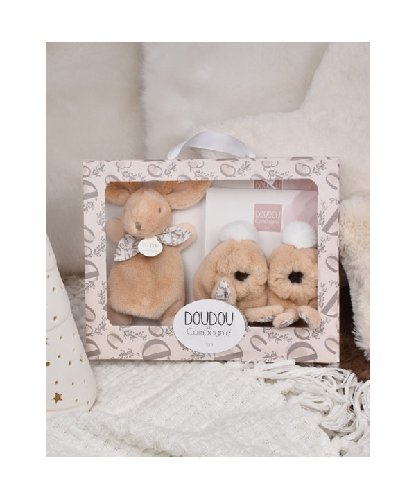 LAPIN DOUDOU - COFFRET CHAUSSONS ET DOUDOU BEIGE