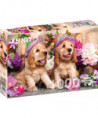 PUZZLE 1000 PCS - SPANIEL PUPPIES WITH FLOWERS HATS