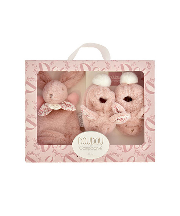 LAPIN DOUDOU - COFFRET CHAUSSONS ET DOUDOU ROSE