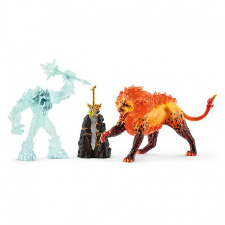 Monstre de glace avec arme vs lion de feu